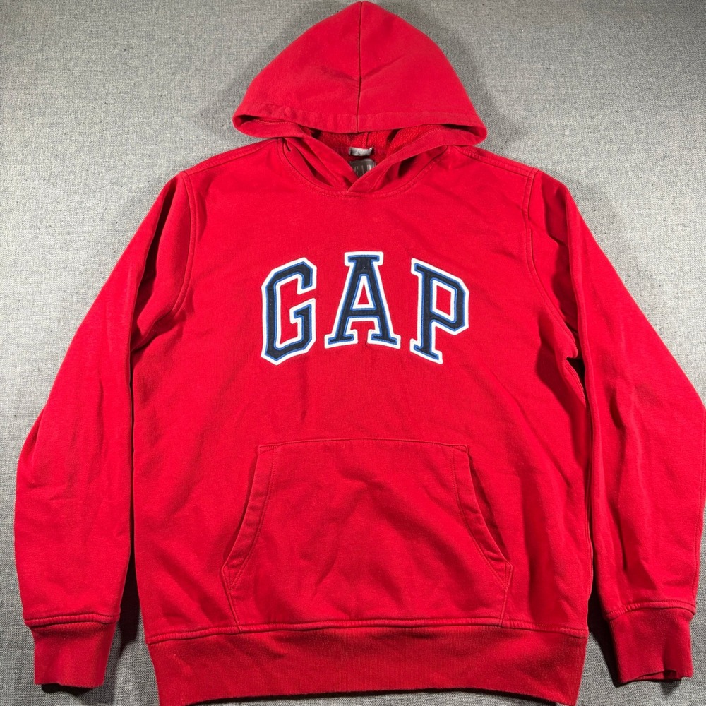GAP Hoodie Mens Medium Red Arch Logo Fleece Pullover Sweatshirt 11383‎